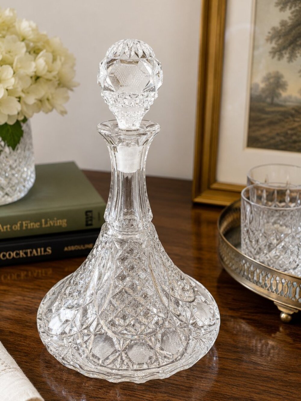 VTG Waterford Cut Crystal Decanter 32 oz Stopper Bottle Diamond Pattern Barware